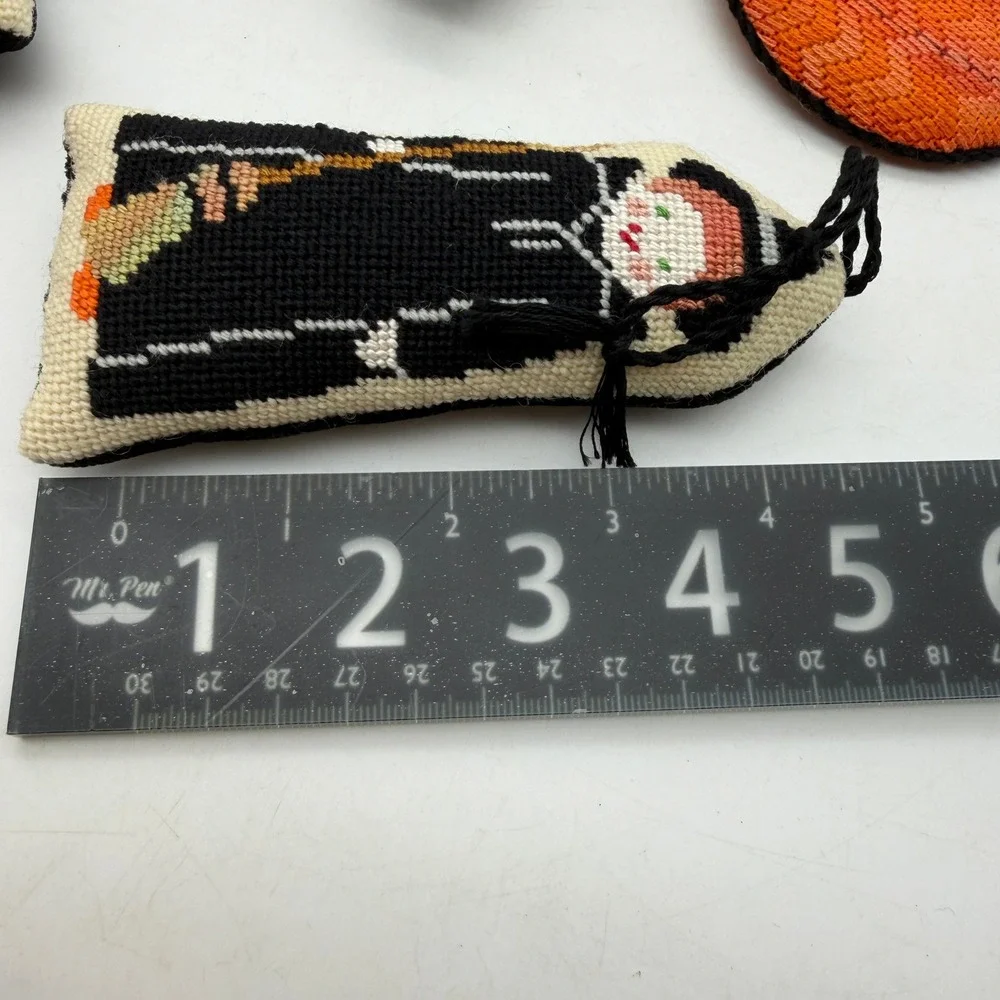 Halloween Needlepoint Ornament Set Witch Pumpkin Bat Ghost 6pc Decor
